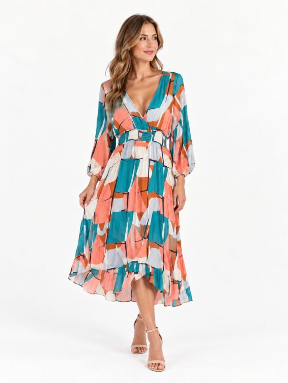 Lulus Womens S Geometric Print Midi Dress Smocked Waist Wrap Boho Long Sleeve